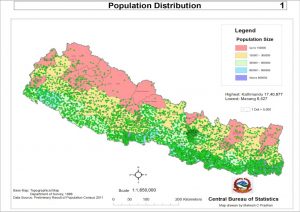 Map of Nepal Showing Population Distribution